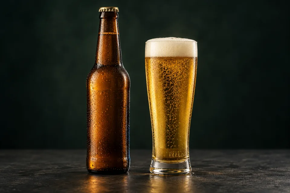 Cervejas: garrafa e copo — composição ilustrativa
