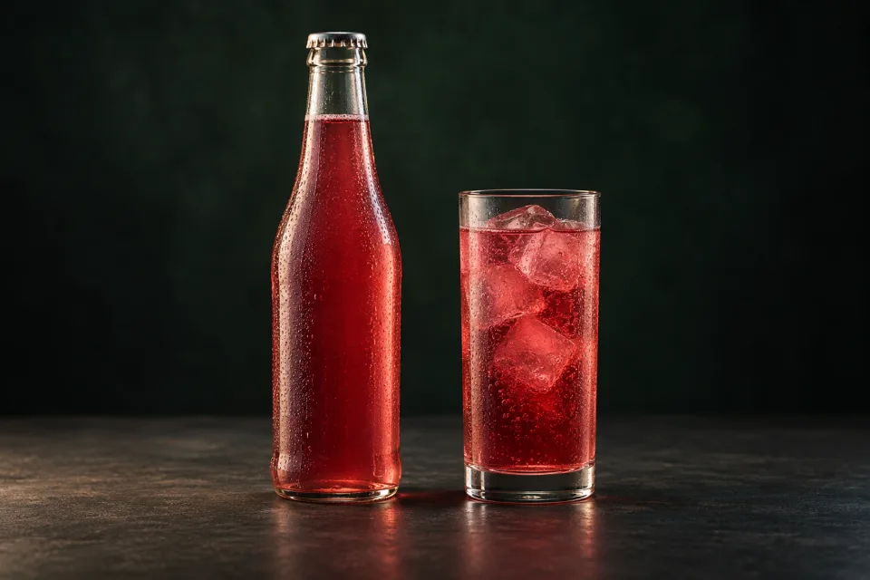 Bebidas não alcoólicas e funcionais: garrafa e copo — composição ilustrativa