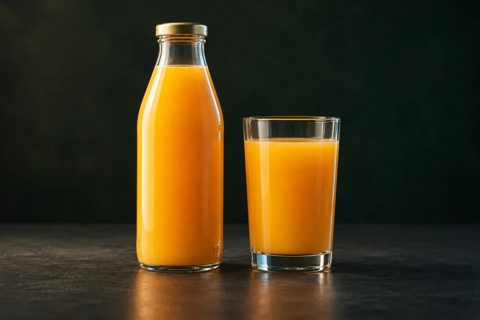 Sucos, néctares e refrescos: garrafa e copo — composição ilustrativa