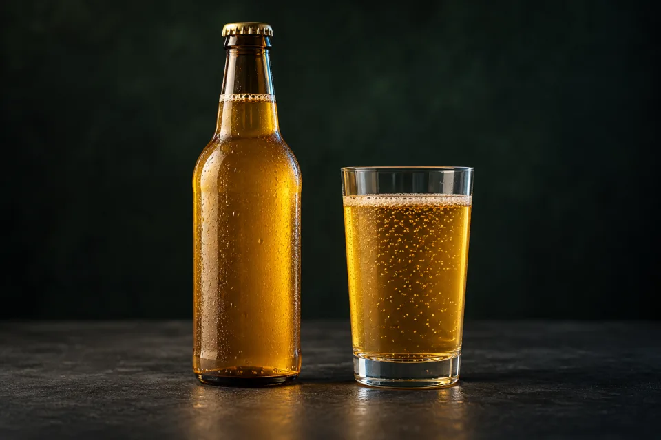 Kombucha e fermentados: garrafa e copo — composição ilustrativa